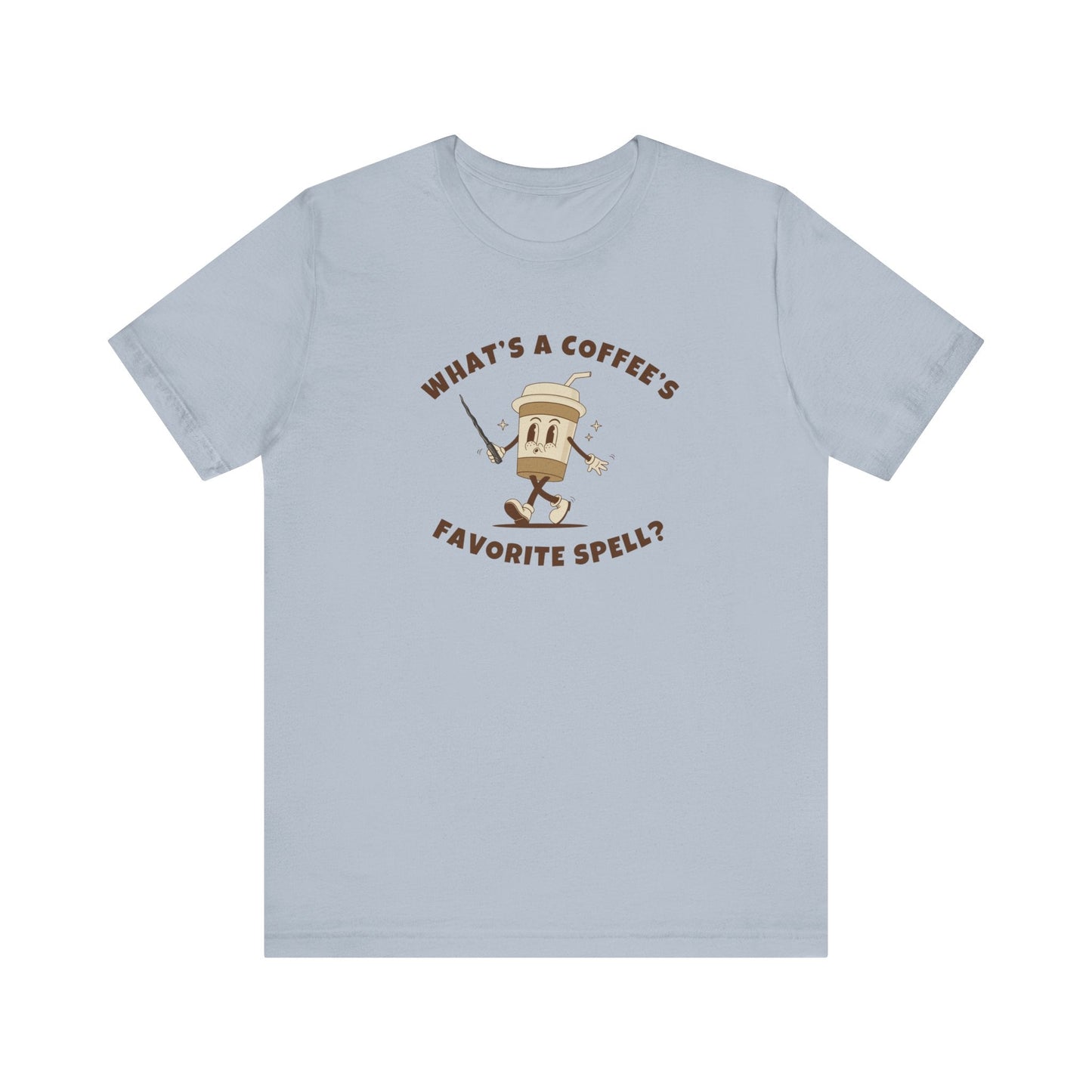 What's a Coffee's Favorite Spell? - Bella + Canvas 3001 Dad Joke Shirt - Nerdy by Nature