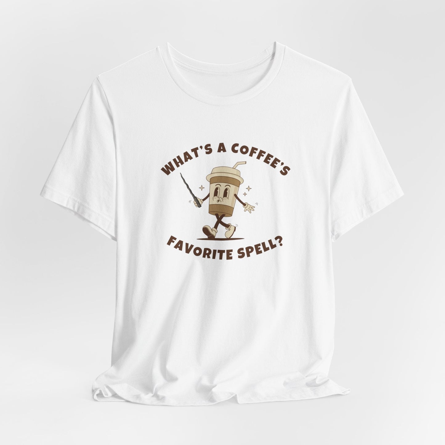 What's a Coffee's Favorite Spell? - Bella + Canvas 3001 Dad Joke Shirt - Nerdy by Nature