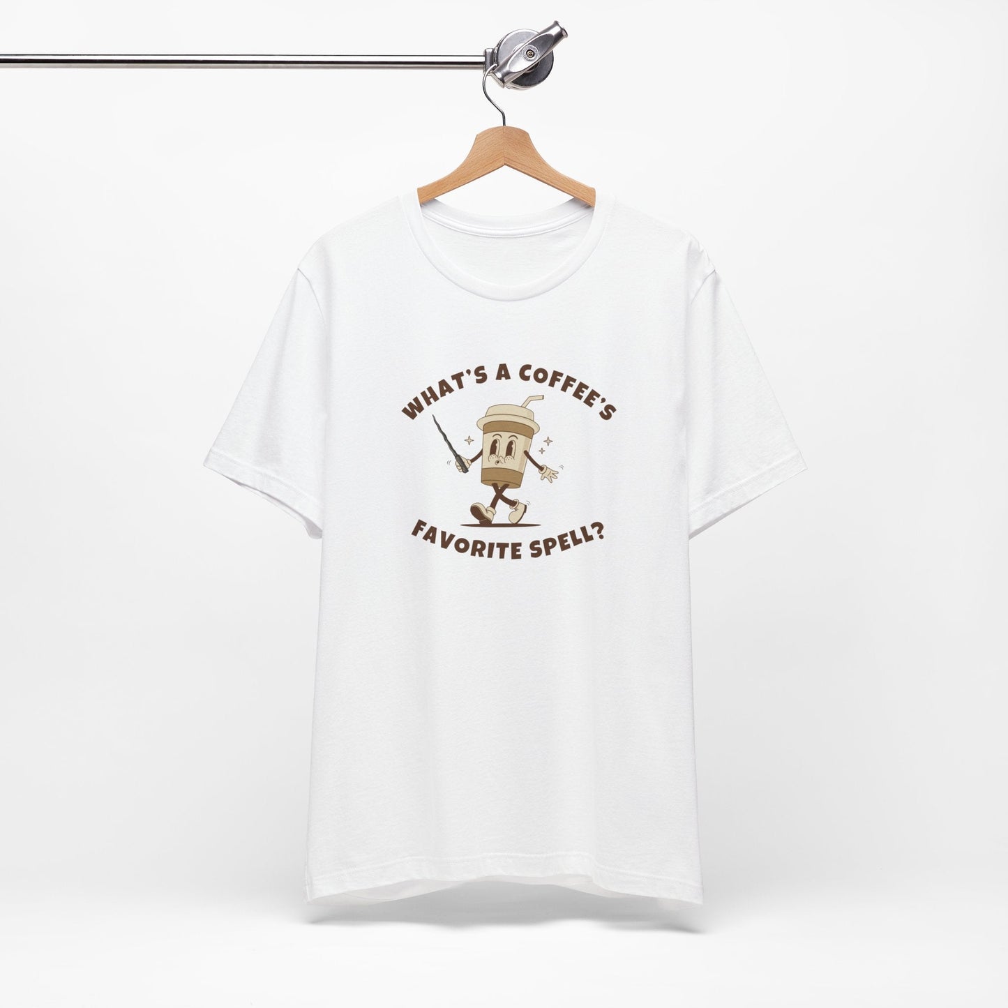 What's a Coffee's Favorite Spell? - Bella + Canvas 3001 Dad Joke Shirt - Nerdy by Nature