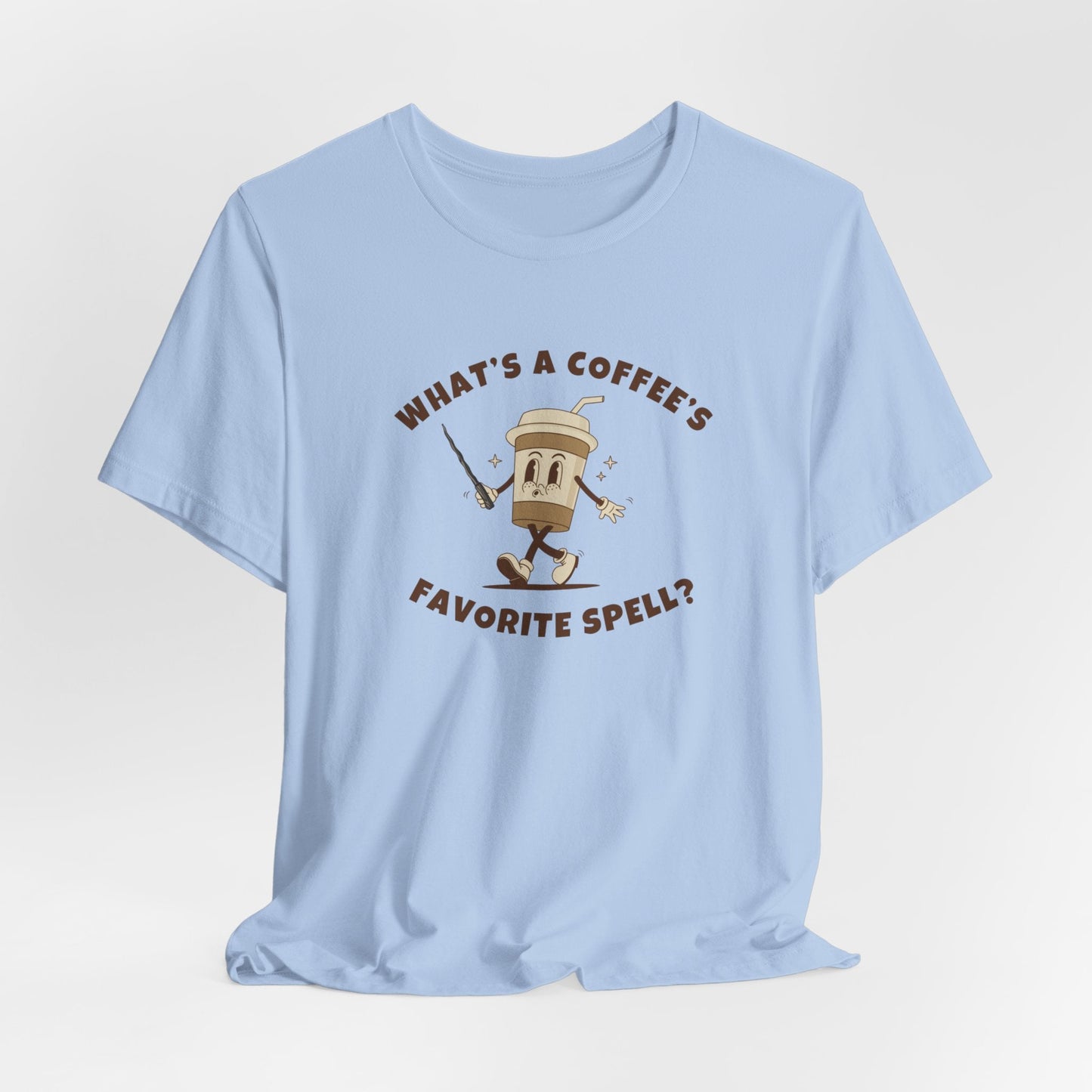 What's a Coffee's Favorite Spell? - Bella + Canvas 3001 Dad Joke Shirt - Nerdy by Nature