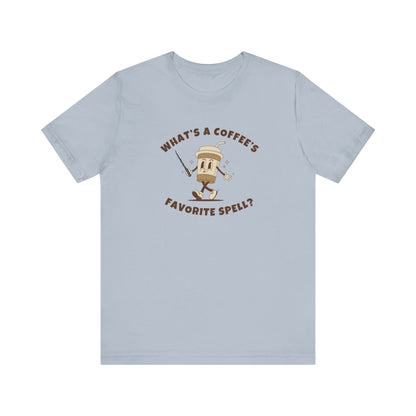 What's a Coffee's Favorite Spell? - Bella + Canvas 3001 Dad Joke Shirt - Nerdy by Nature