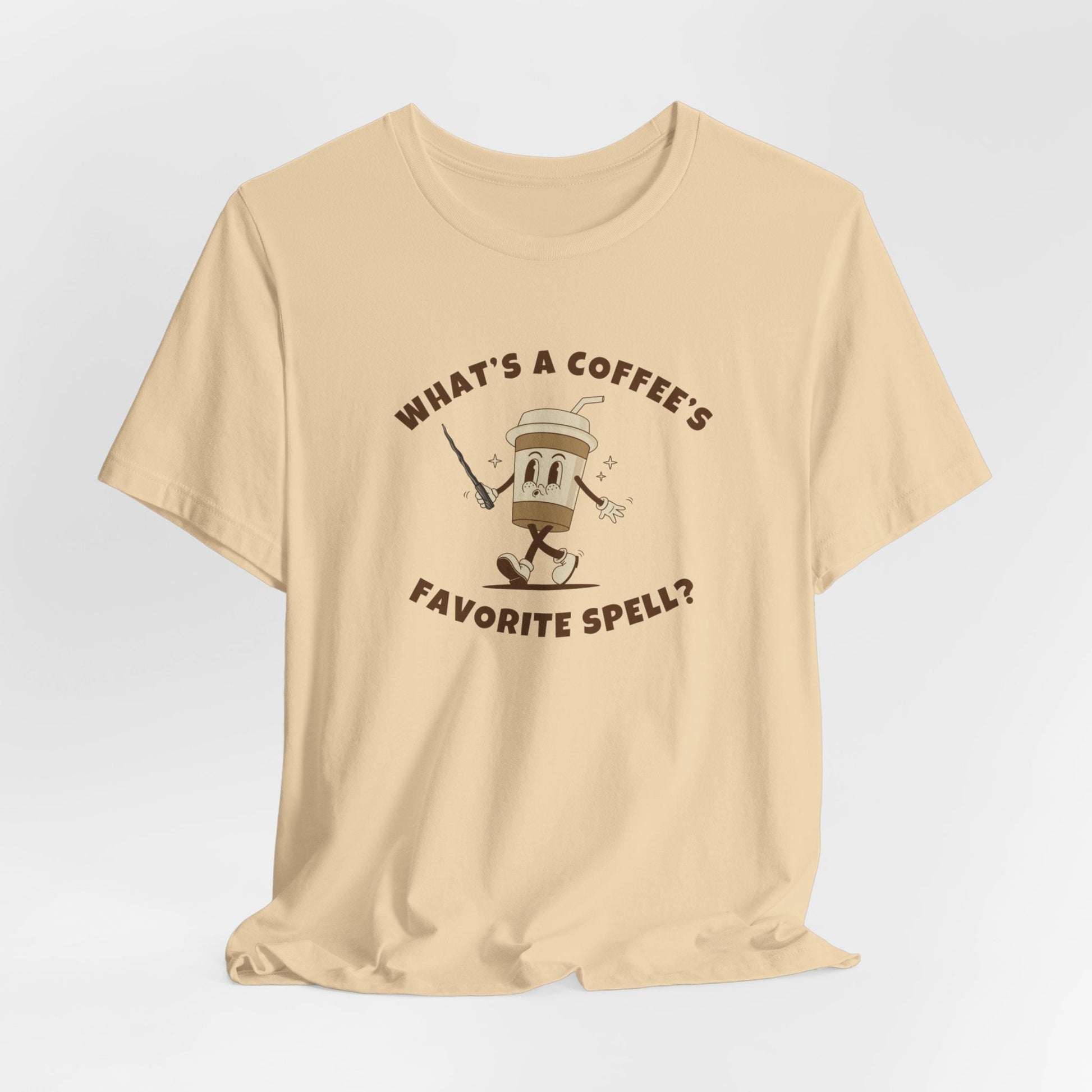What's a Coffee's Favorite Spell? - Bella + Canvas 3001 Dad Joke Shirt - Nerdy by Nature