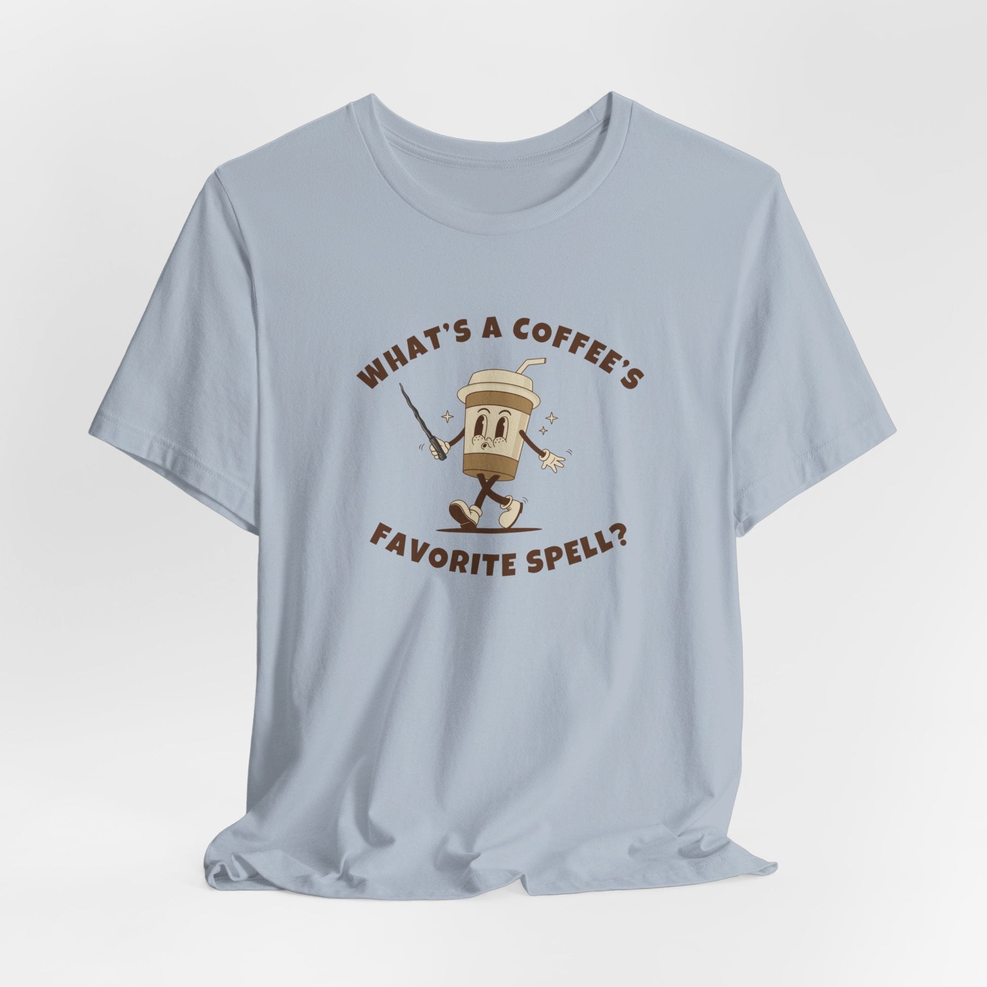 What's a Coffee's Favorite Spell? - Bella + Canvas 3001 Dad Joke Shirt - Nerdy by Nature