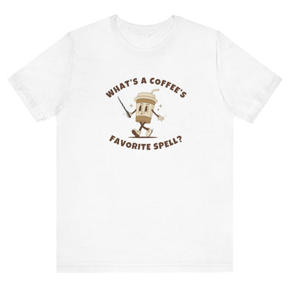 What's a Coffee's Favorite Spell? - Bella + Canvas 3001 Dad Joke Shirt - Nerdy by Nature