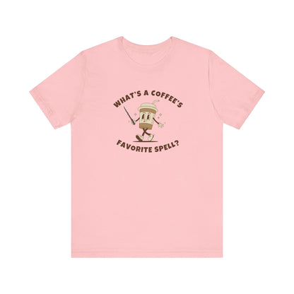 What's a Coffee's Favorite Spell? - Bella + Canvas 3001 Dad Joke Shirt - Nerdy by Nature