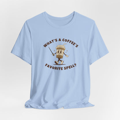 What's a Coffee's Favorite Spell? - Bella + Canvas 3001 Dad Joke Shirt - Nerdy by Nature