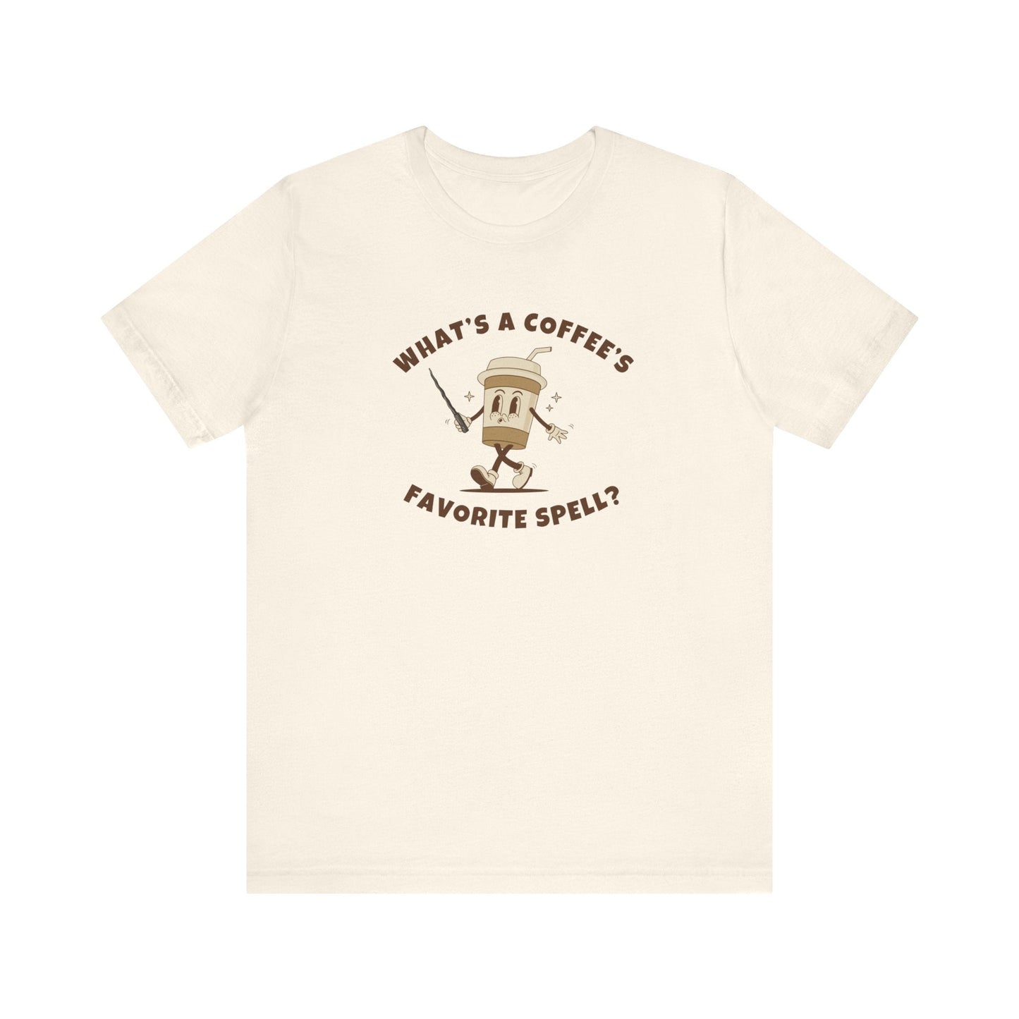 What's a Coffee's Favorite Spell? - Bella + Canvas 3001 Dad Joke Shirt - Nerdy by Nature