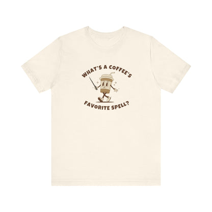 What's a Coffee's Favorite Spell? - Bella + Canvas 3001 Dad Joke Shirt - Nerdy by Nature