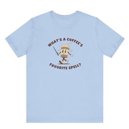 What's a Coffee's Favorite Spell? - Bella + Canvas 3001 Dad Joke Shirt - Nerdy by Nature