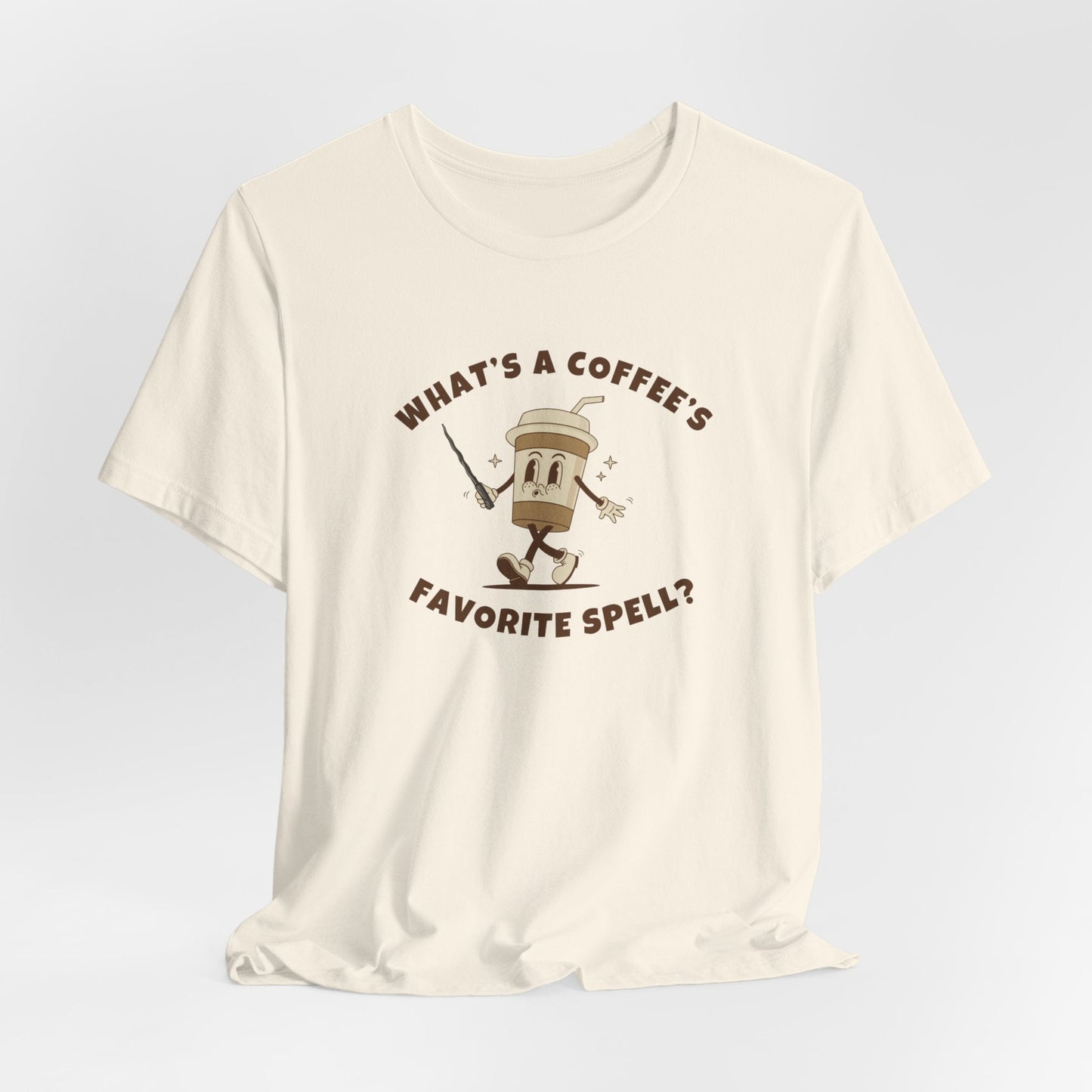 What's a Coffee's Favorite Spell? - Bella + Canvas 3001 Dad Joke Shirt - Nerdy by Nature