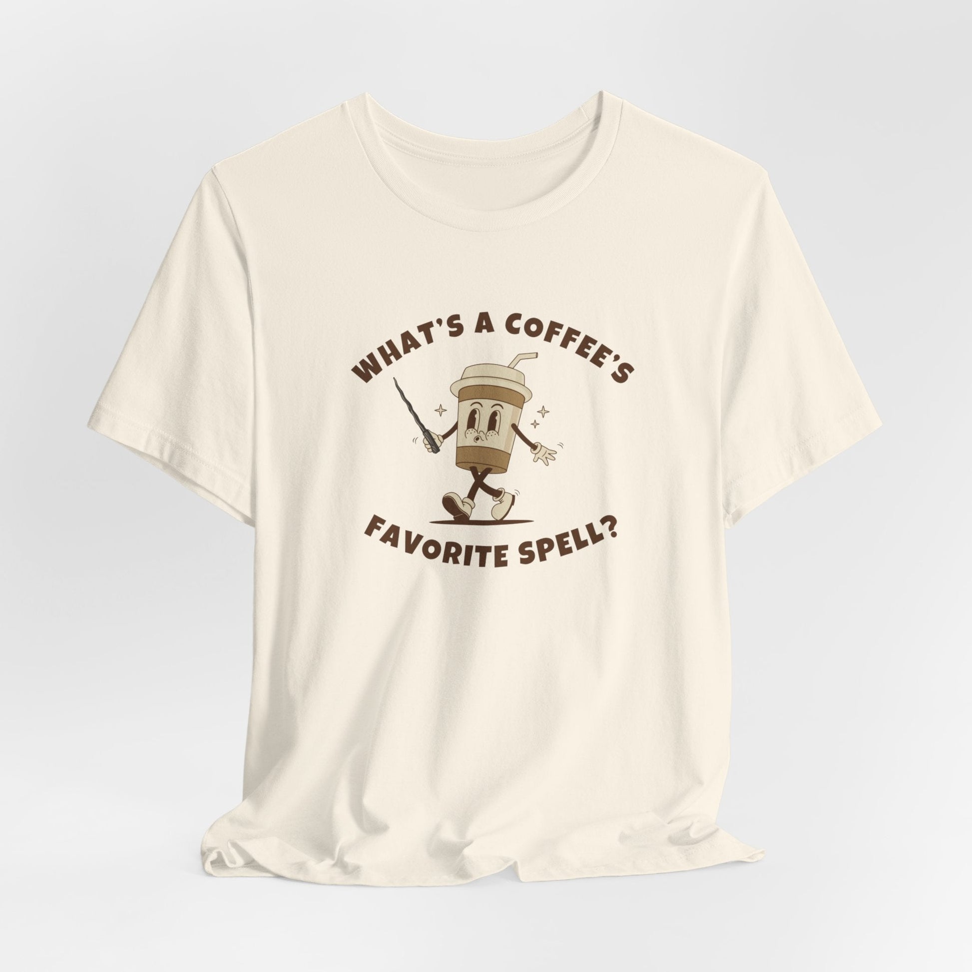 What's a Coffee's Favorite Spell? - Bella + Canvas 3001 Dad Joke Shirt - Nerdy by Nature