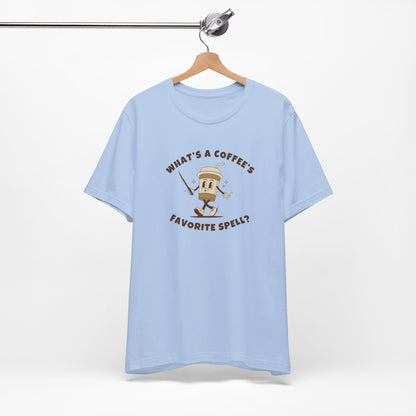 What's a Coffee's Favorite Spell? - Bella + Canvas 3001 Dad Joke Shirt - Nerdy by Nature