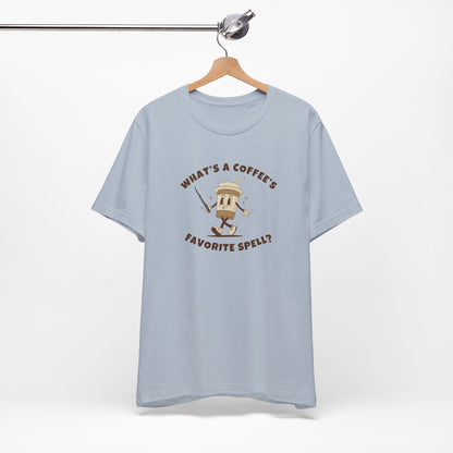 What's a Coffee's Favorite Spell? - Bella + Canvas 3001 Dad Joke Shirt - Nerdy by Nature